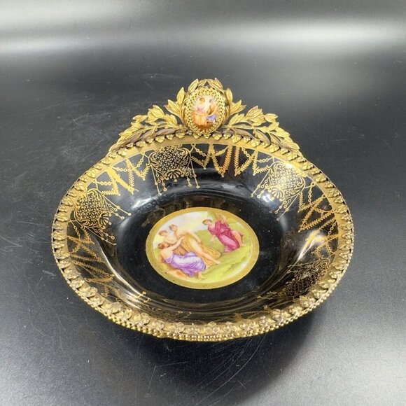 Antique La Chateau Porcelain Trinket Dish Metal Bronze Mount Victorian Scene VTG - Picture 13 of 16